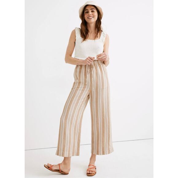 Madewell Pants - Madewell Wide Leg Pants Beige White Striped Linen Viscose Cropped Pull-On L